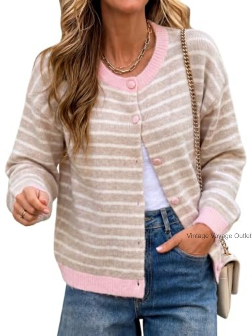 Striped Button Down Knit Cardigan Sweater Crewneck Relaxed Fit